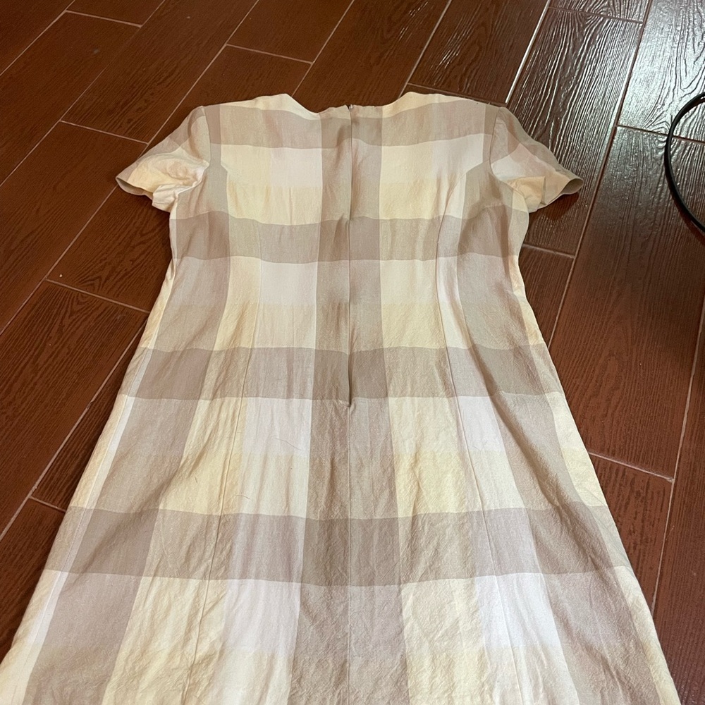 Talbots Petites tan yellow cream Short Sleeve Vintage Dress sz 12P linen pockets - Picture 10 of 13